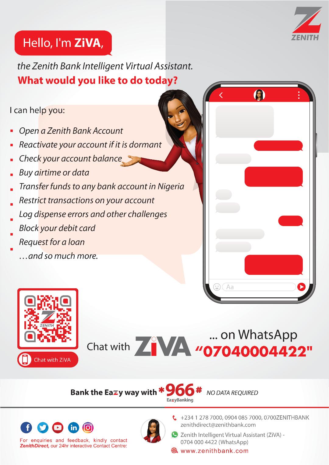 Zenith Bank Launches Intelligent Chatbot, ZiVA